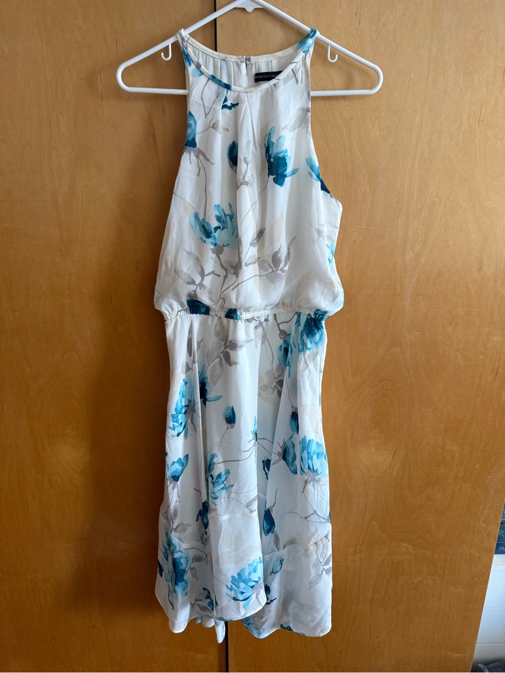 White House Black Market White Midi Dress with Teal Floral Print